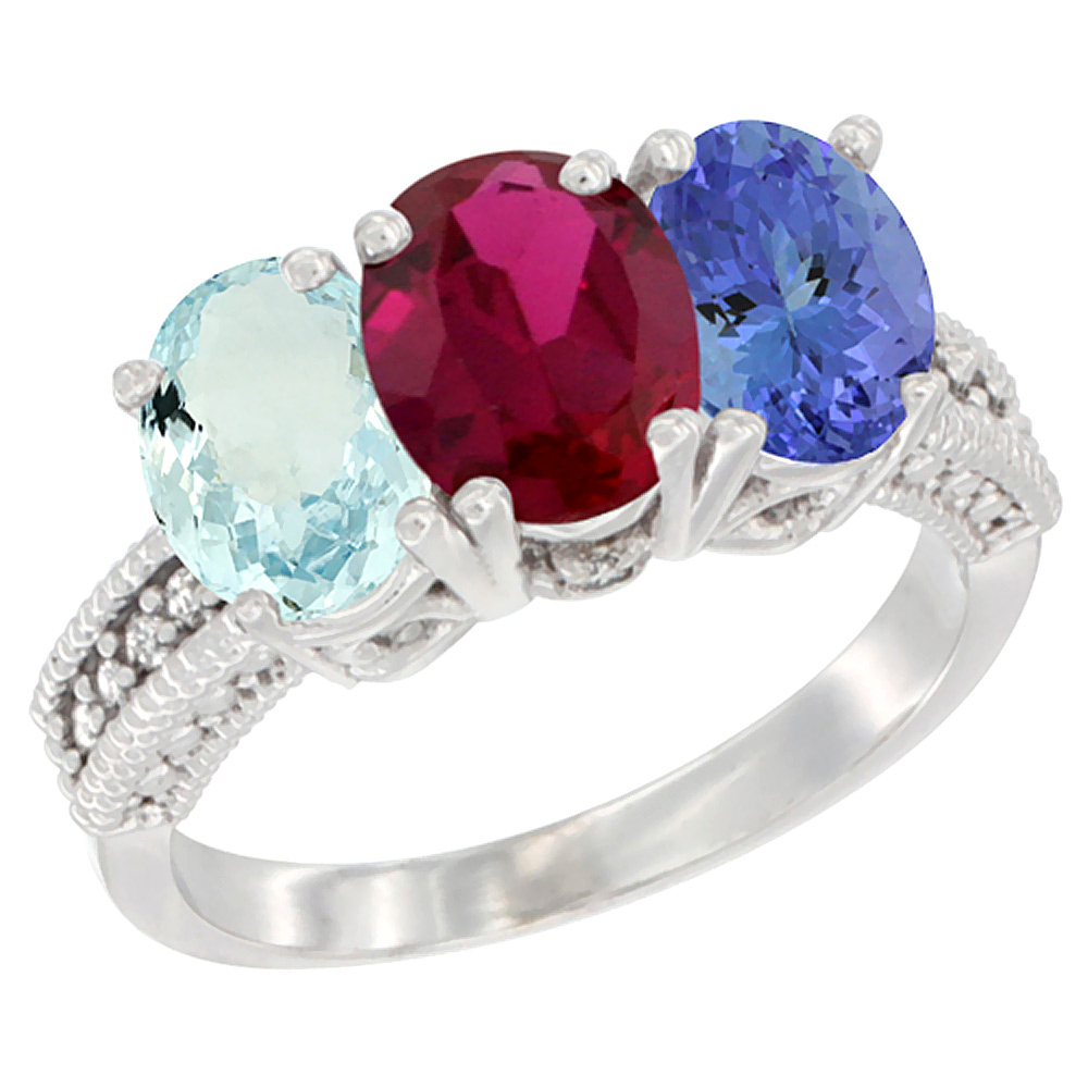 14K White Gold Natural Aquamarine, Enhanced Ruby &amp; Natural Tanzanite Ring 3-Stone Oval 7x5 mm Diamond Accent, sizes 5 - 10