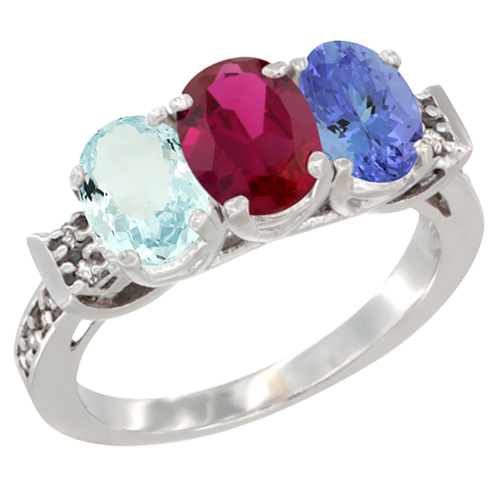 14K White Gold Natural Aquamarine, Enhanced Ruby &amp; Natural Tanzanite Ring 3-Stone Oval 7x5 mm Diamond Accent, sizes 5 - 10