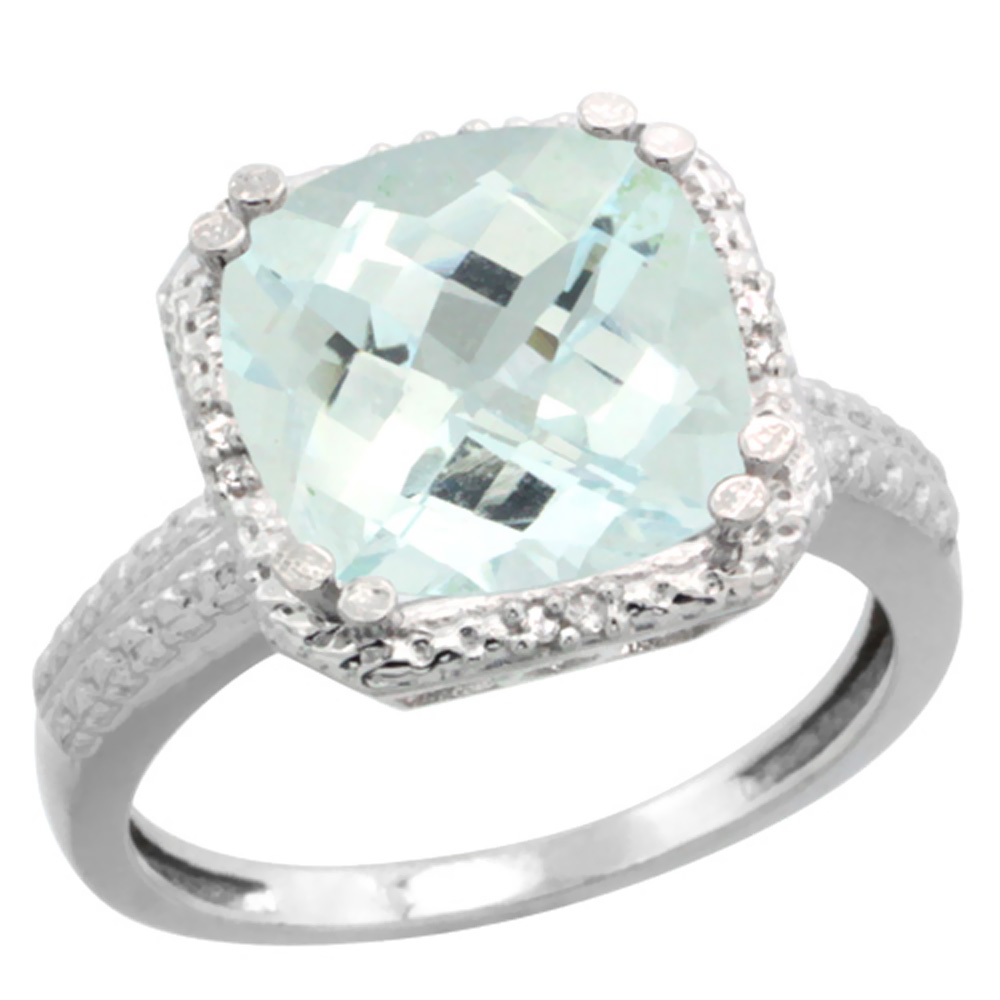 10K White Gold Diamond Natural Aquamarine Ring Cushion-cut 11x11mm, sizes 5-10