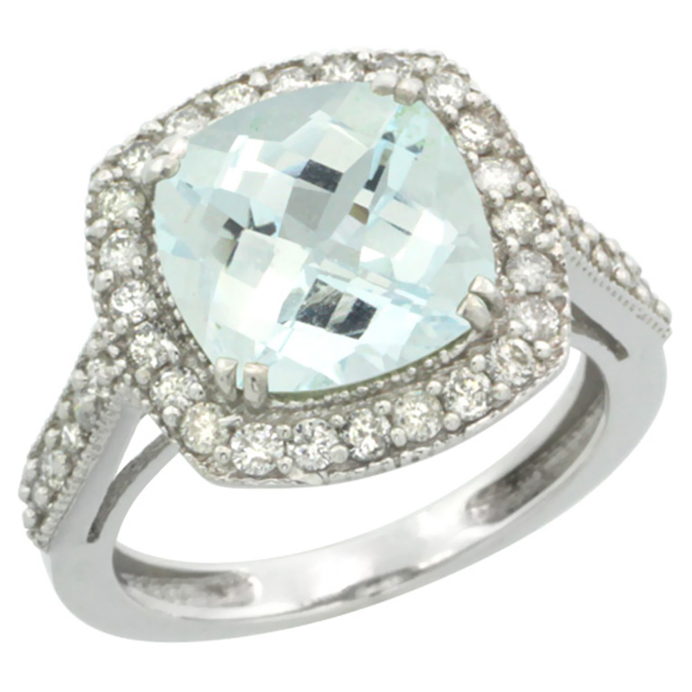 10k White Gold Natural Aquamarine Ring Cushion-cut 9x9mm Diamond Halo, sizes 5-10