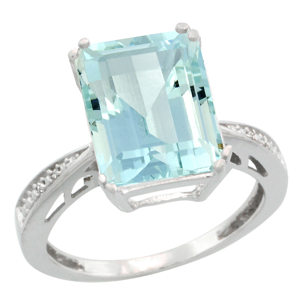 10K White Gold Diamond Natural Aquamarine Ring Emerald-cut 12x10mm, sizes 5-10