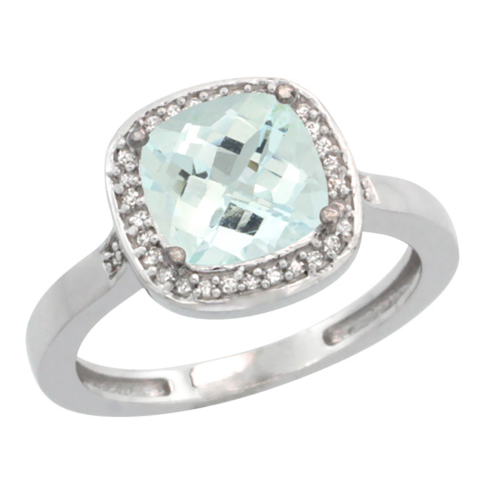 10K White Gold Diamond Natural Aquamarine Ring Cushion-cut 8x8mm, sizes 5-10