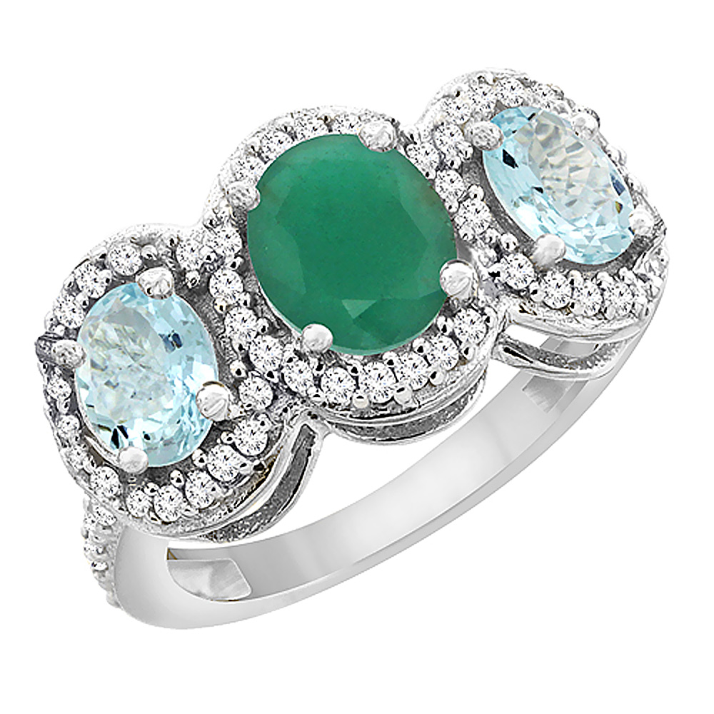 14K White Gold Natural Quality Emerald & Aquamarine 3-stone Mothers Ring Oval Diamond Accent, size 5 - 10