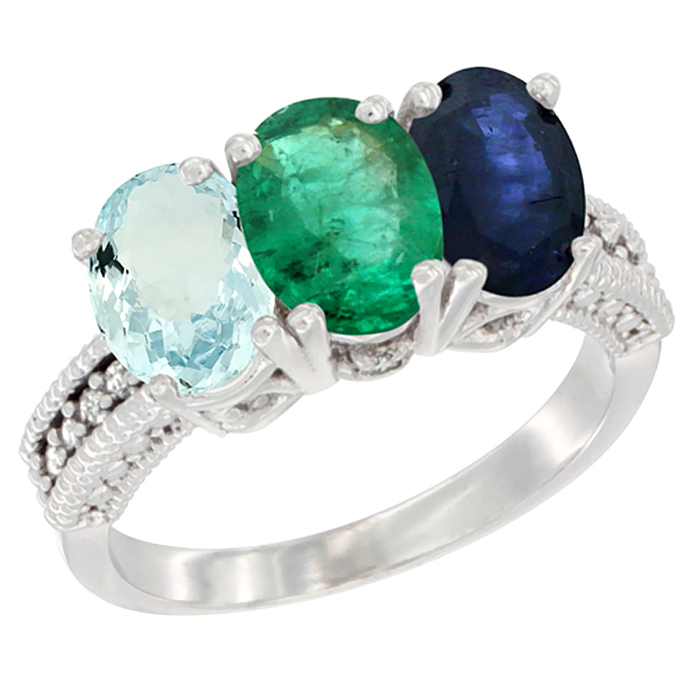 14K White Gold Natural Aquamarine, Emerald & Blue Sapphire Ring 3-Stone Oval 7x5 mm Diamond Accent, sizes 5 - 10