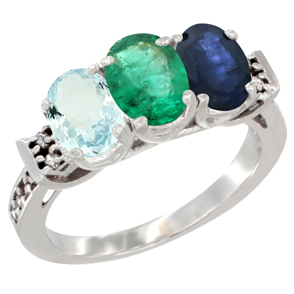 14K White Gold Natural Aquamarine, Emerald & Blue Sapphire Ring 3-Stone Oval 7x5 mm Diamond Accent, sizes 5 - 10