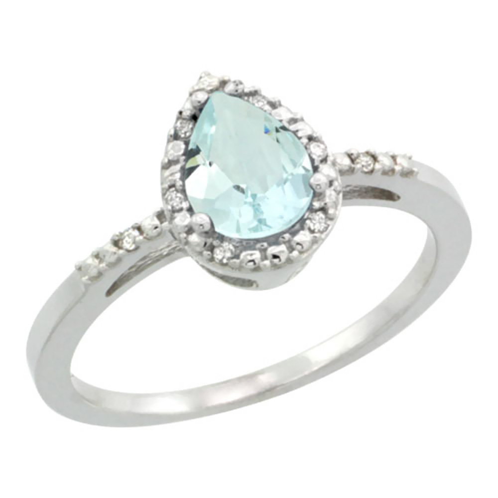 10K White Gold Diamond Natural Aquamarine Ring Pear 7x5mm, sizes 5-10