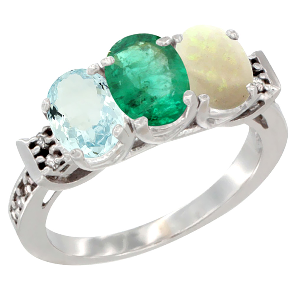 14K White Gold Natural Aquamarine, Emerald & Opal Ring 3-Stone Oval 7x5 mm Diamond Accent, sizes 5 - 10