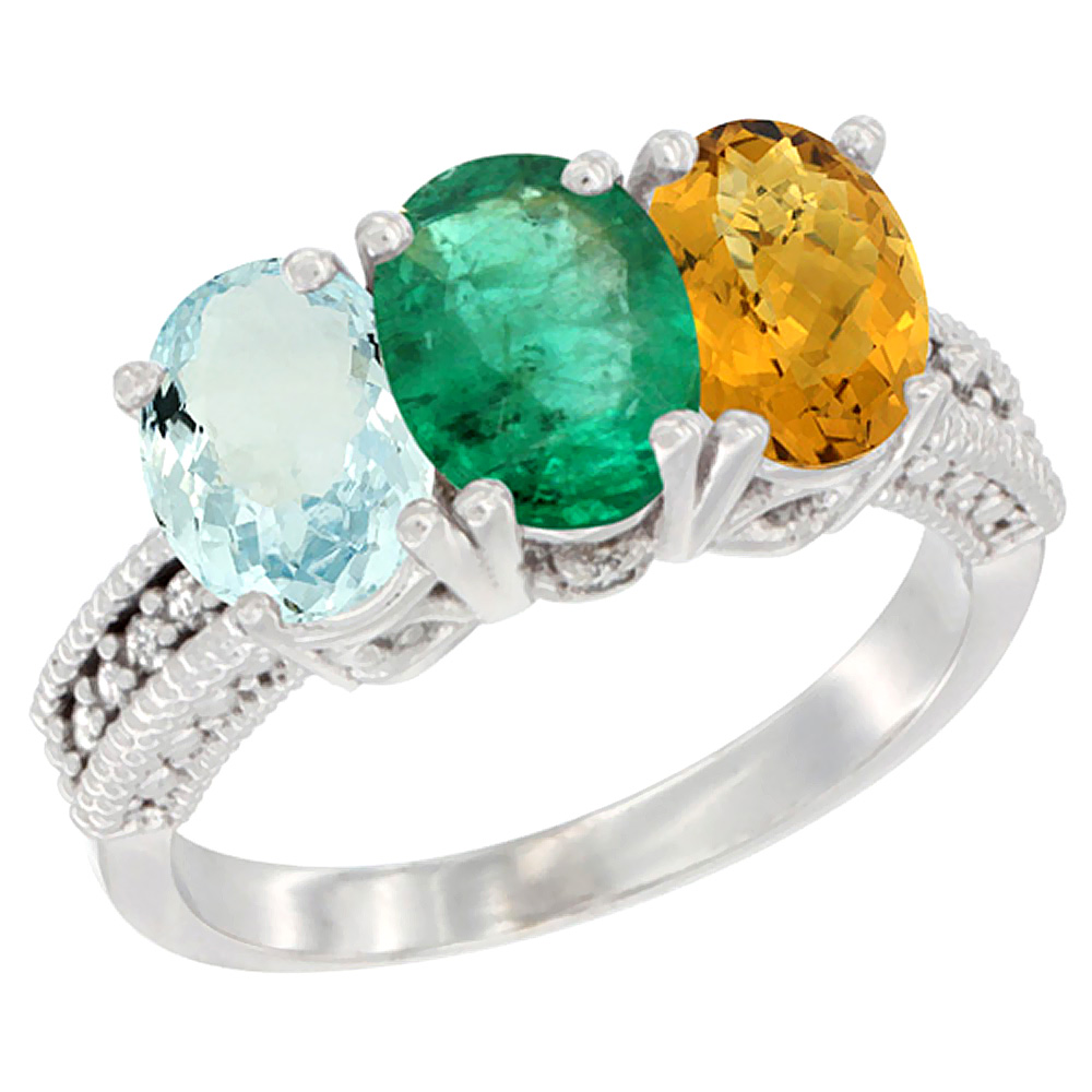 14K White Gold Natural Aquamarine, Emerald & Whisky Quartz Ring 3-Stone Oval 7x5 mm Diamond Accent, sizes 5 - 10