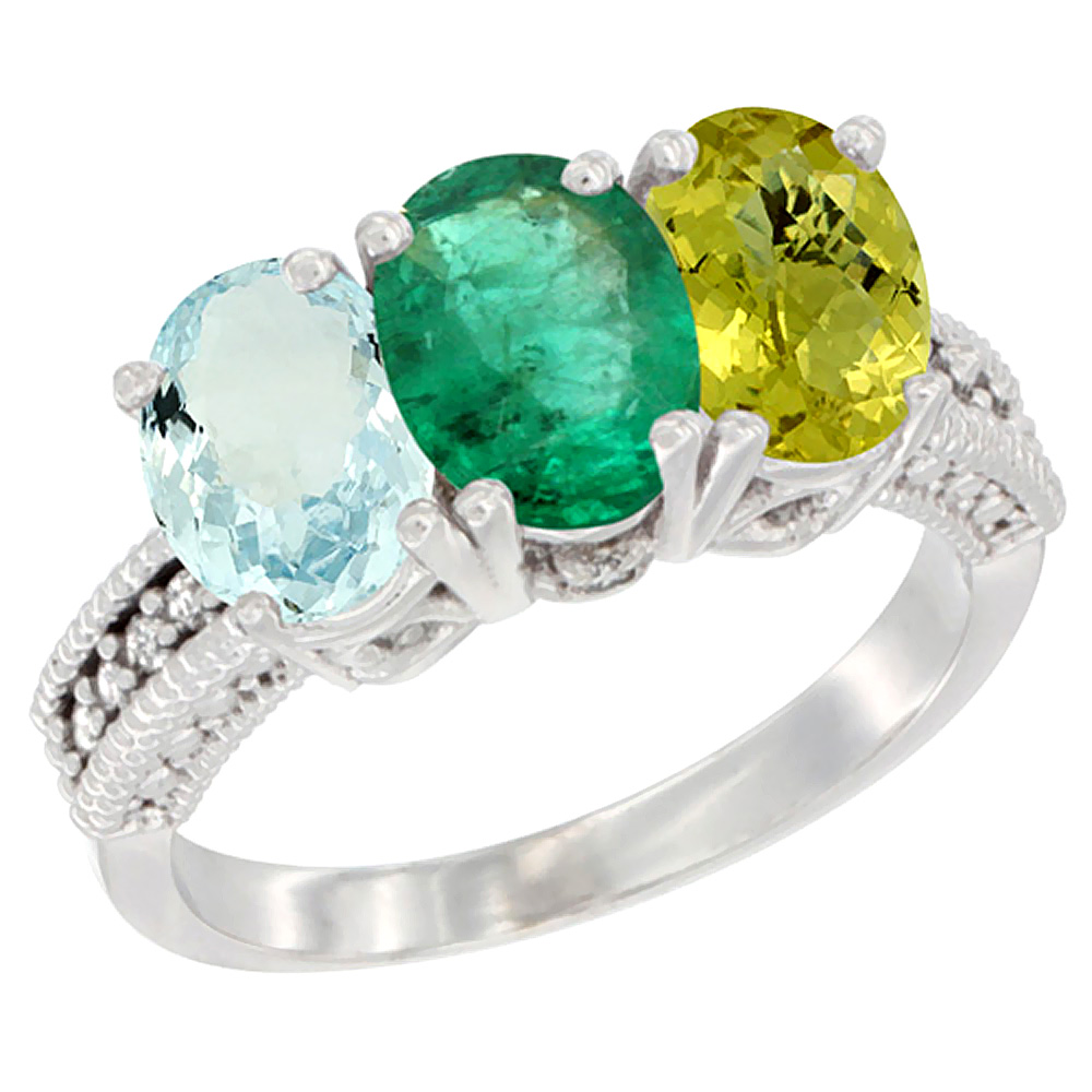 10K White Gold Natural Aquamarine, Emerald & Lemon Quartz Ring 3-Stone Oval 7x5 mm Diamond Accent, sizes 5 - 10