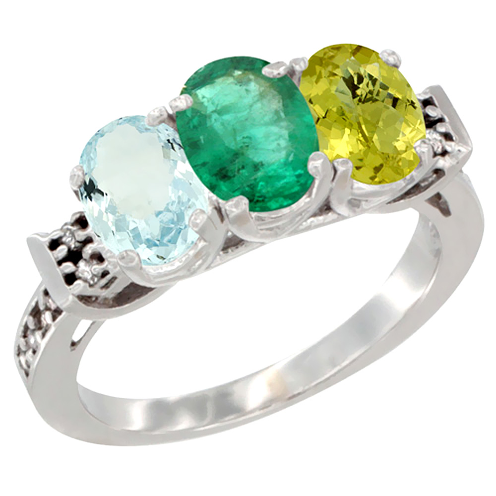 14K White Gold Natural Aquamarine, Emerald & Lemon Quartz Ring 3-Stone Oval 7x5 mm Diamond Accent, sizes 5 - 10