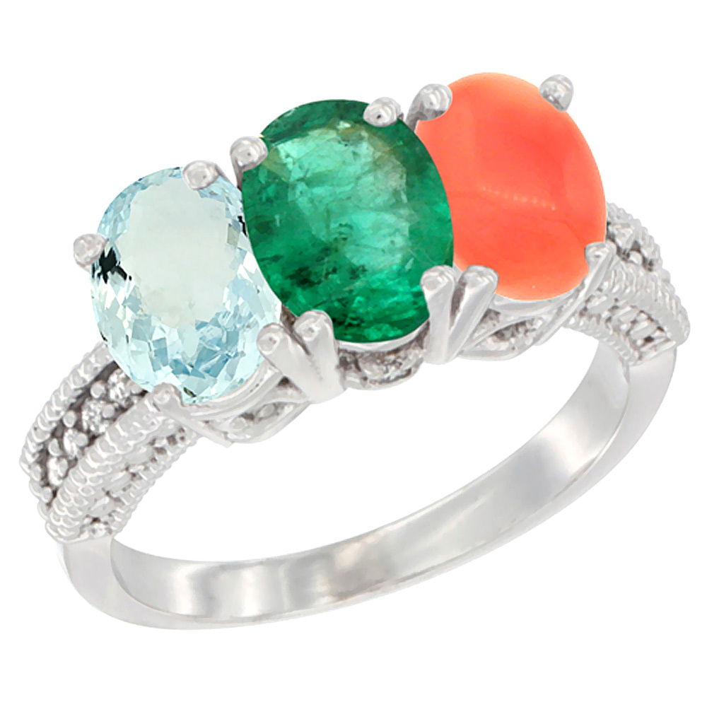 10K White Gold Natural Aquamarine, Emerald & Coral Ring 3-Stone Oval 7x5 mm Diamond Accent, sizes 5 - 10