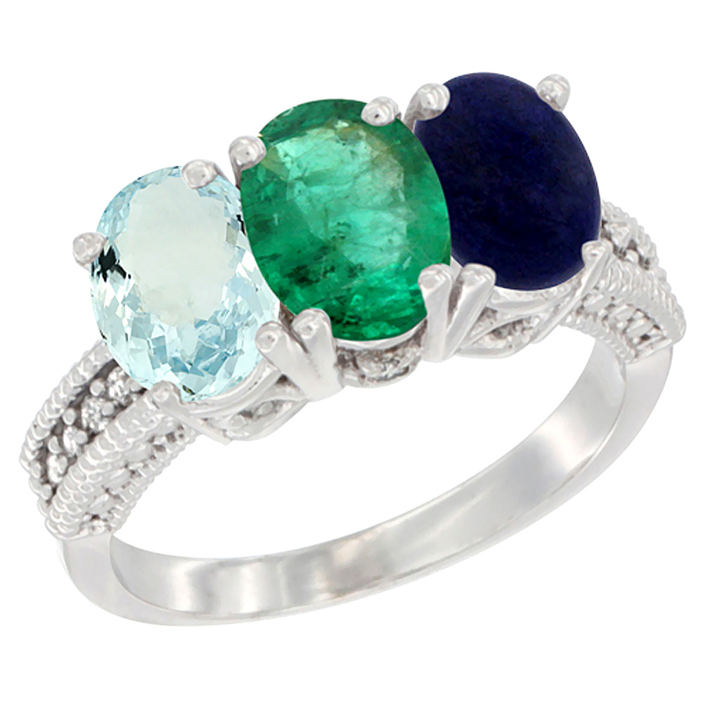 14K White Gold Natural Aquamarine, Emerald & Lapis Ring 3-Stone Oval 7x5 mm Diamond Accent, sizes 5 - 10