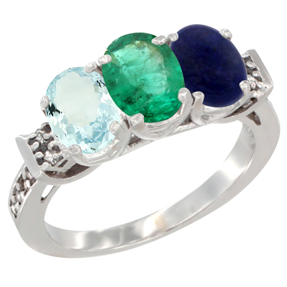 10K White Gold Natural Aquamarine, Emerald & Lapis Ring 3-Stone Oval 7x5 mm Diamond Accent, sizes 5 - 10