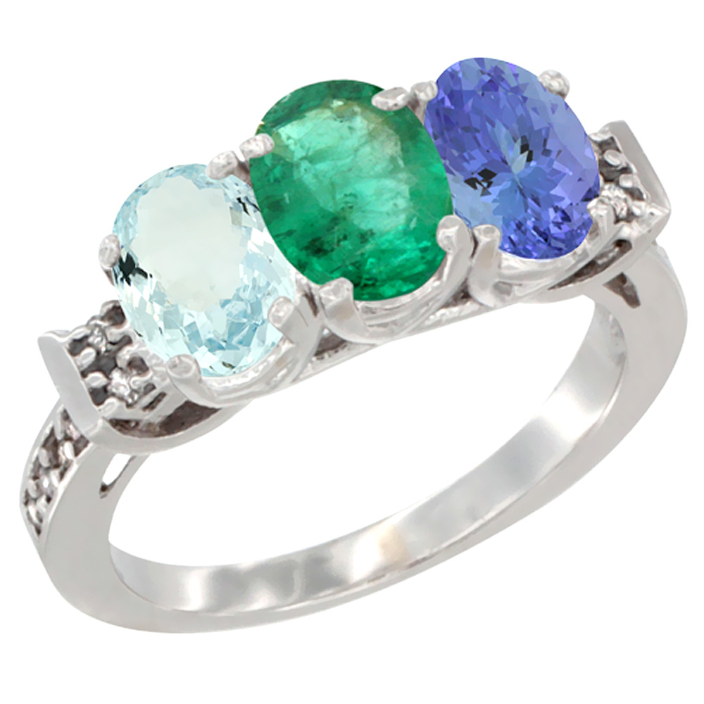 14K White Gold Natural Aquamarine, Emerald & Tanzanite Ring 3-Stone Oval 7x5 mm Diamond Accent, sizes 5 - 10