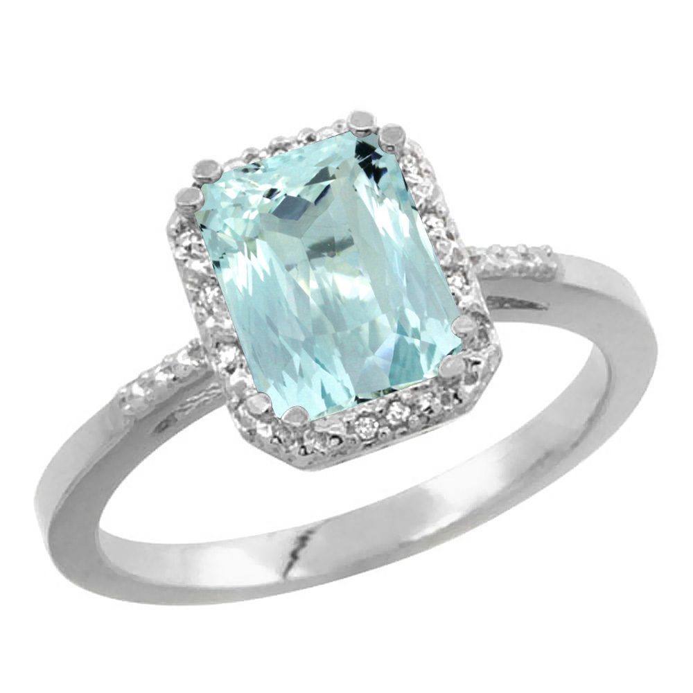10K White Gold Natural Aquamarine Ring Emerald-shape 8x6mm Diamond Accent, sizes 5-10