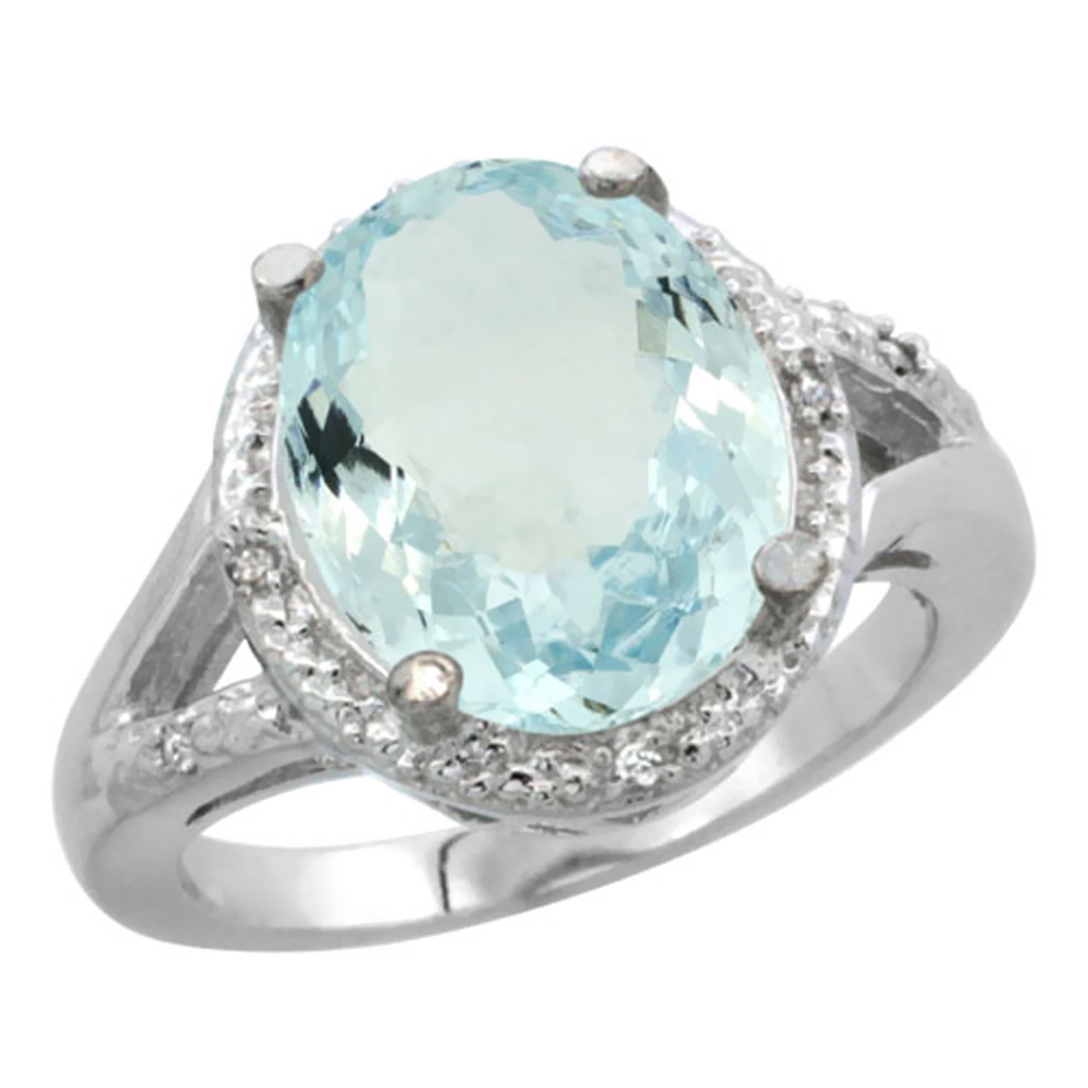 10K White Gold Natural Aquamarine Ring Oval 12x10mm Diamond Accent, sizes 5-10