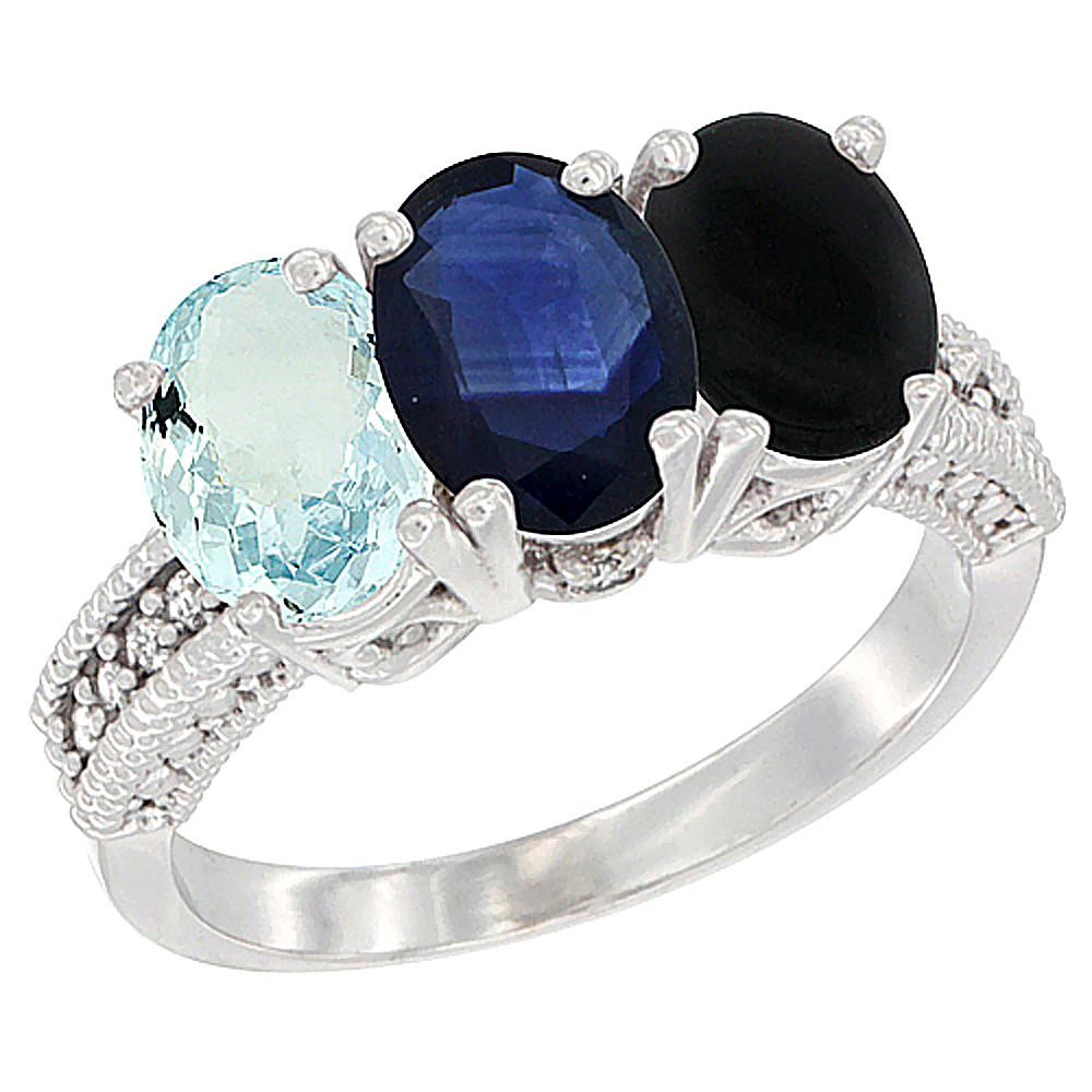 10K White Gold Natural Aquamarine, Blue Sapphire & Black Onyx Ring 3-Stone Oval 7x5 mm Diamond Accent, sizes 5 - 10