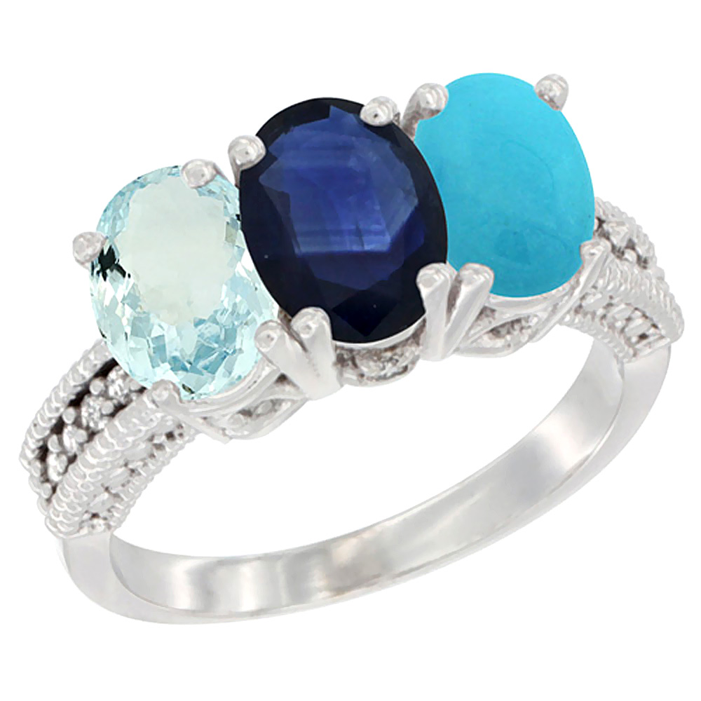 10K White Gold Natural Aquamarine, Blue Sapphire & Turquoise Ring 3-Stone Oval 7x5 mm Diamond Accent, sizes 5 - 10