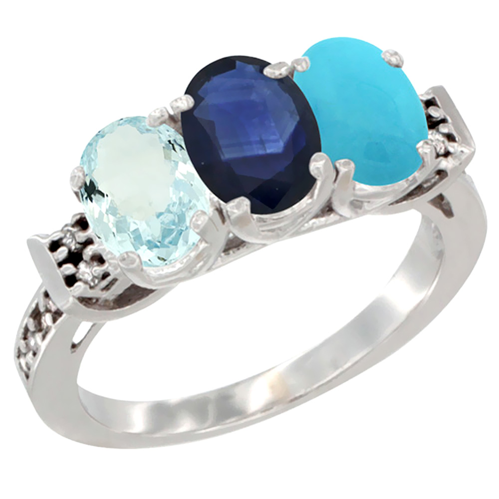 14K White Gold Natural Aquamarine, Blue Sapphire & Turquoise Ring 3-Stone Oval 7x5 mm Diamond Accent, sizes 5 - 10