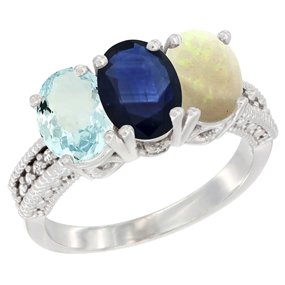 10K White Gold Natural Aquamarine, Blue Sapphire & Opal Ring 3-Stone Oval 7x5 mm Diamond Accent, sizes 5 - 10