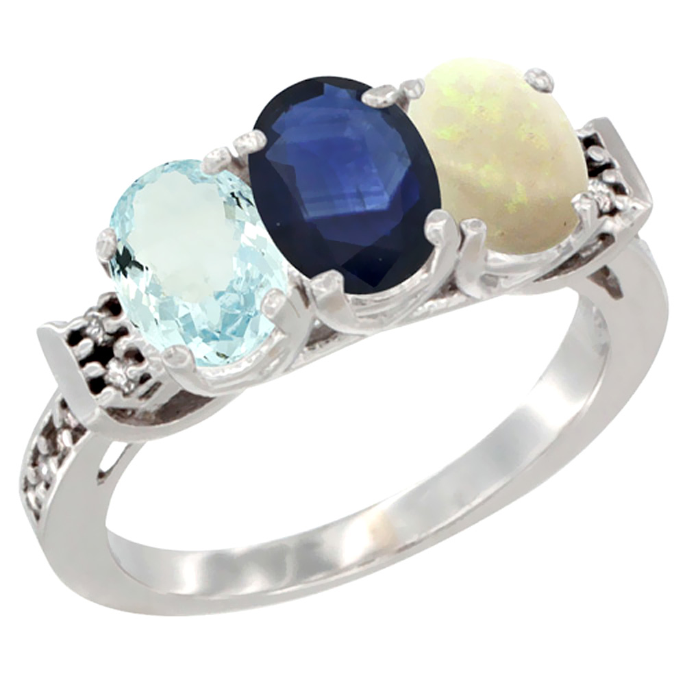 14K White Gold Natural Aquamarine, Blue Sapphire &amp; Opal Ring 3-Stone Oval 7x5 mm Diamond Accent, sizes 5 - 10