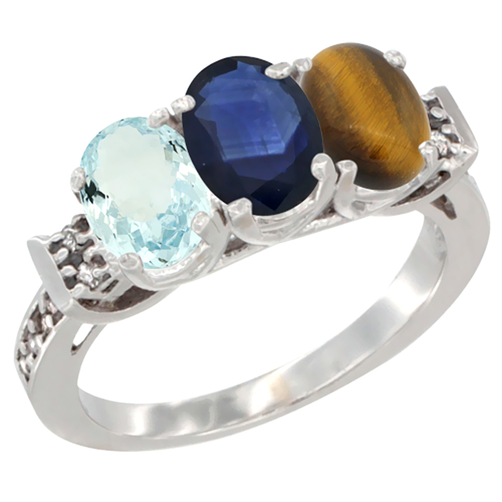 14K White Gold Natural Aquamarine, Blue Sapphire & Tiger Eye Ring 3-Stone Oval 7x5 mm Diamond Accent, sizes 5 - 10