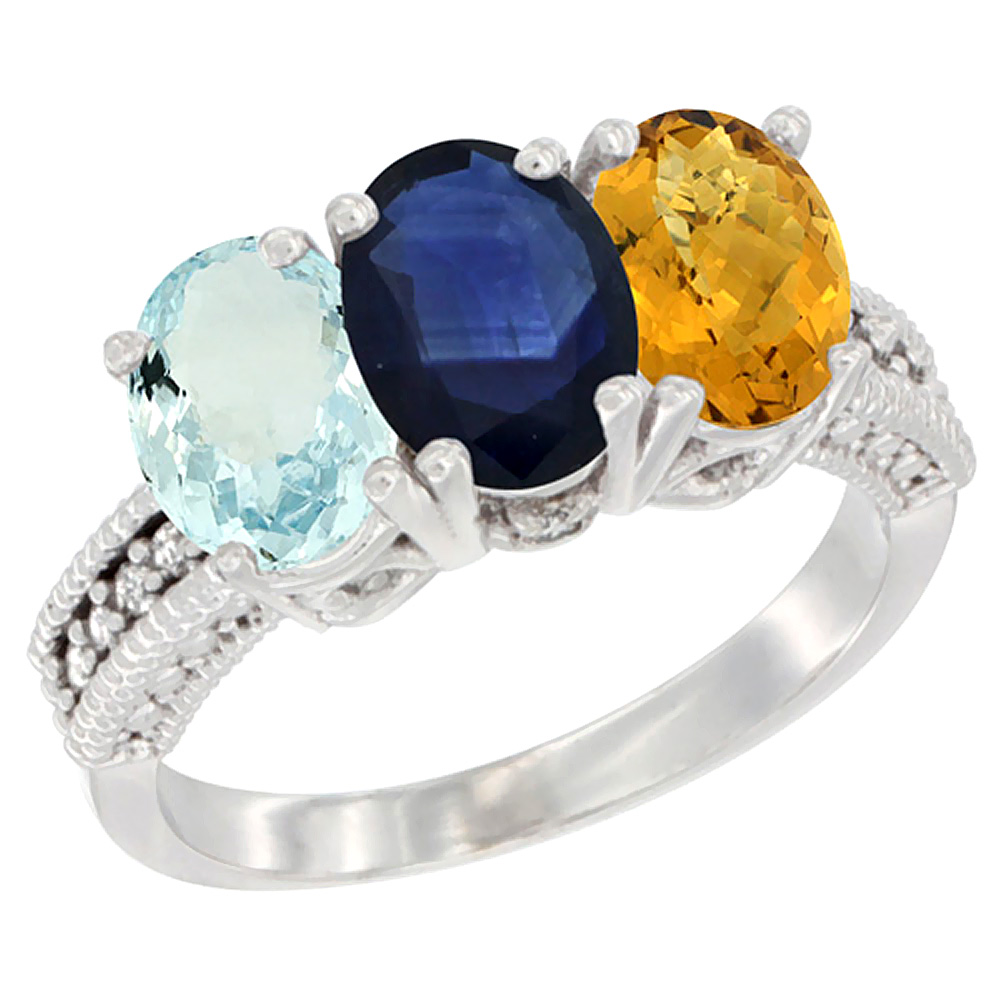 14K White Gold Natural Aquamarine, Blue Sapphire &amp; Whisky Quartz Ring 3-Stone Oval 7x5 mm Diamond Accent, sizes 5 - 10