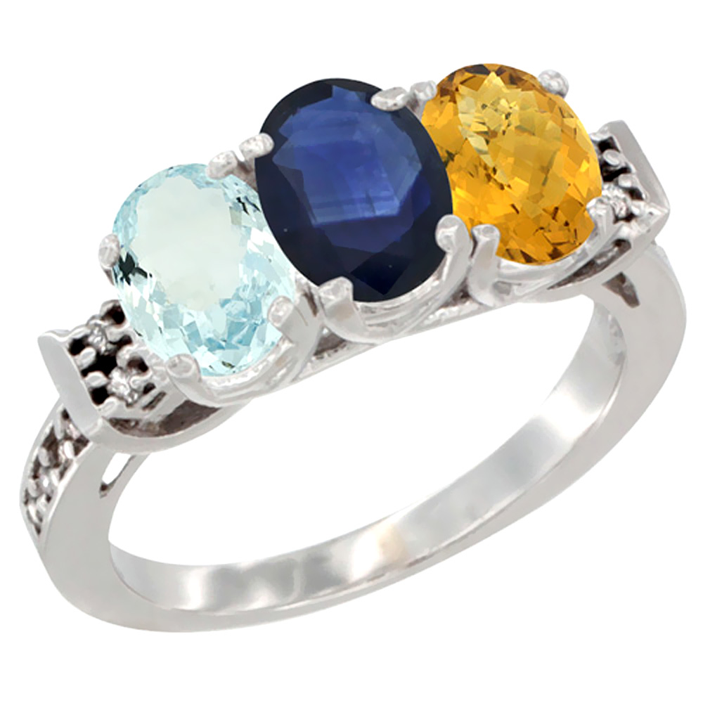 10K White Gold Natural Aquamarine, Blue Sapphire & Whisky Quartz Ring 3-Stone Oval 7x5 mm Diamond Accent, sizes 5 - 10