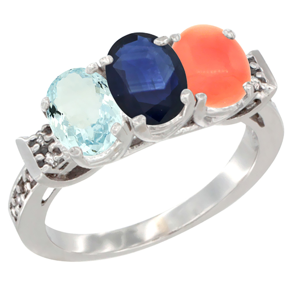 14K White Gold Natural Aquamarine, Blue Sapphire & Coral Ring 3-Stone Oval 7x5 mm Diamond Accent, sizes 5 - 10