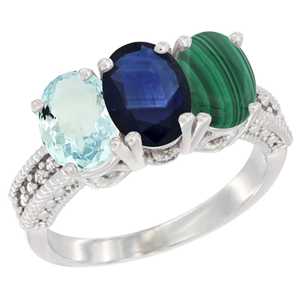 14K White Gold Natural Aquamarine, Blue Sapphire & Malachite Ring 3-Stone Oval 7x5 mm Diamond Accent, sizes 5 - 10