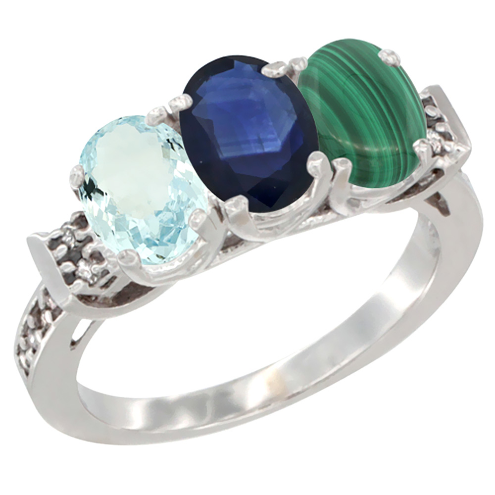 10K White Gold Natural Aquamarine, Blue Sapphire & Malachite Ring 3-Stone Oval 7x5 mm Diamond Accent, sizes 5 - 10