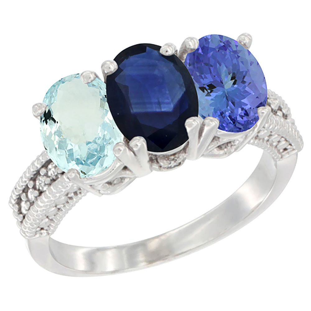 14K White Gold Natural Aquamarine, Blue Sapphire & Tanzanite Ring 3-Stone Oval 7x5 mm Diamond Accent, sizes 5 - 10