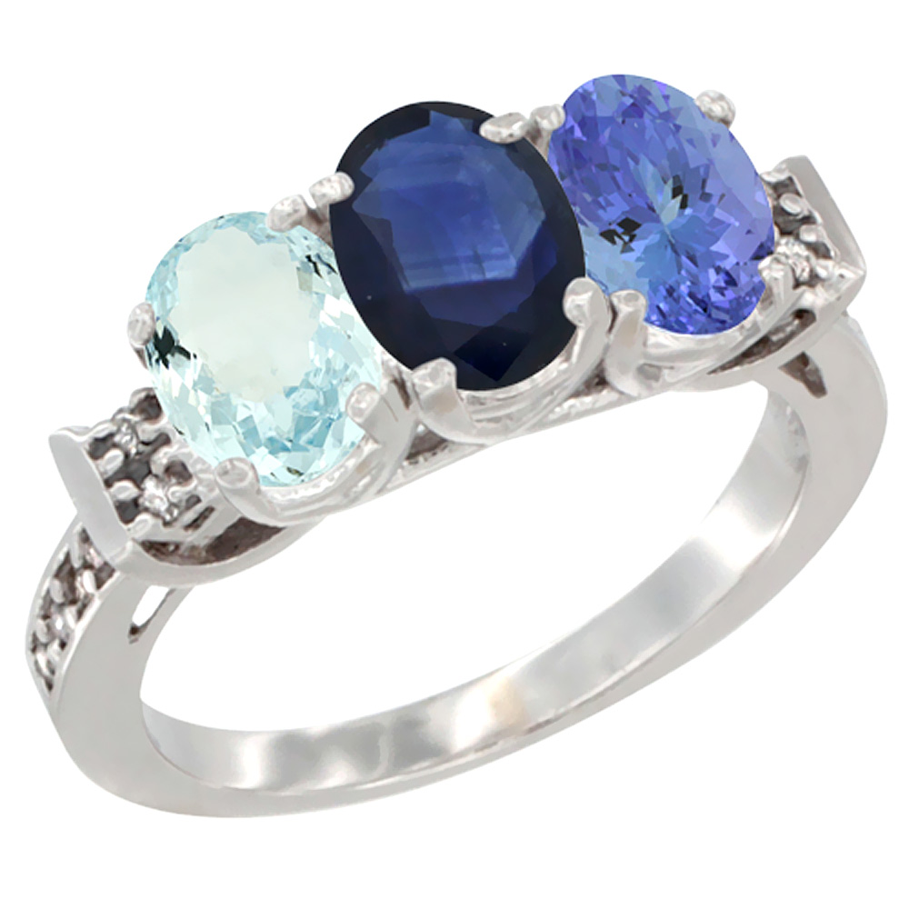 14K White Gold Natural Aquamarine, Blue Sapphire &amp; Tanzanite Ring 3-Stone Oval 7x5 mm Diamond Accent, sizes 5 - 10