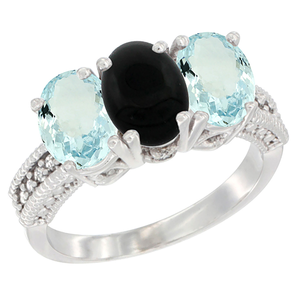 14K White Gold Natural Black Onyx &amp; Aquamarine Sides Ring 3-Stone Oval 7x5 mm Diamond Accent, sizes 5 - 10