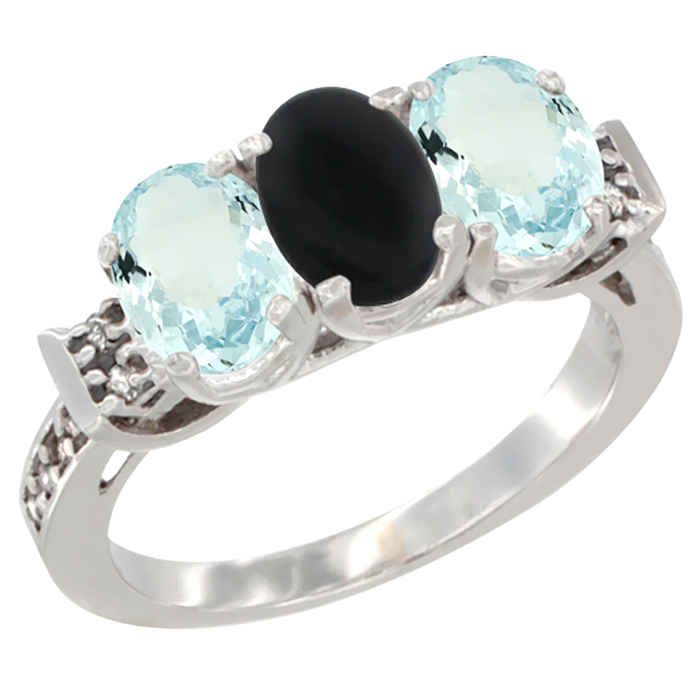 14K White Gold Natural Black Onyx &amp; Aquamarine Sides Ring 3-Stone Oval 7x5 mm Diamond Accent, sizes 5 - 10