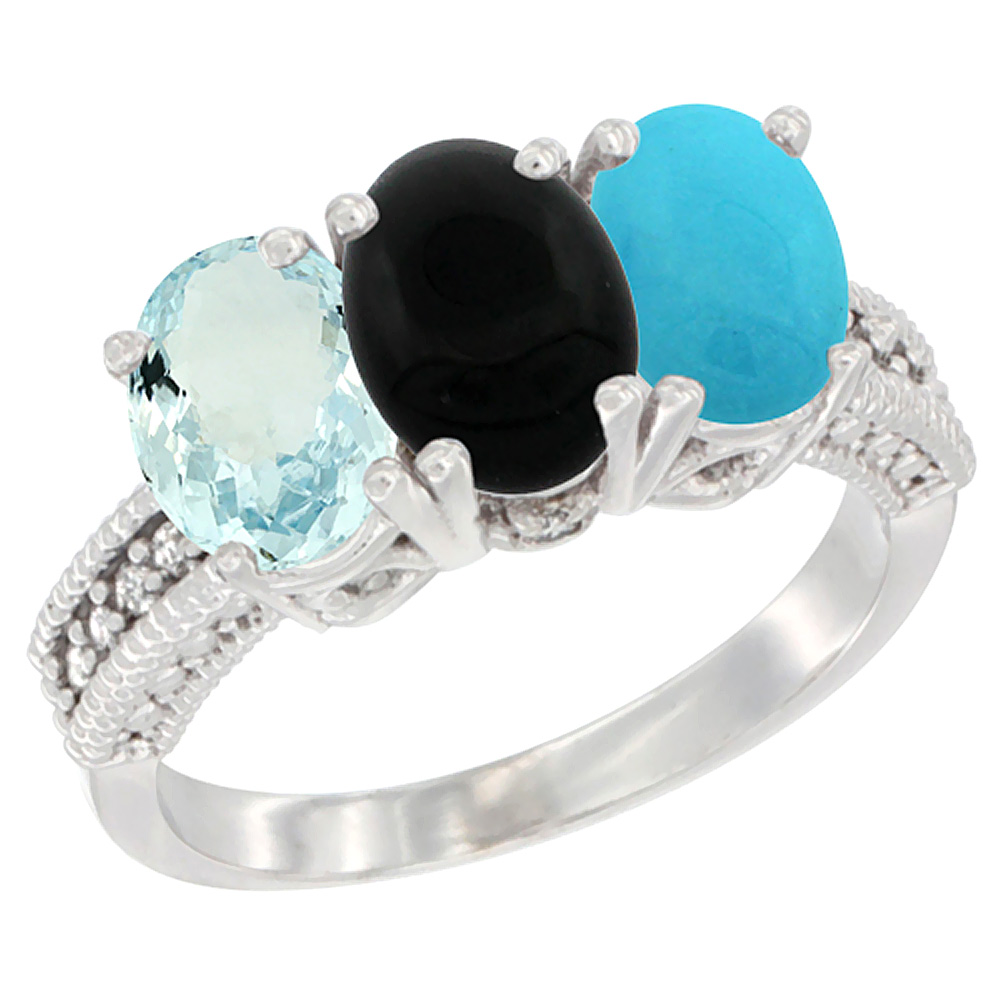 14K White Gold Natural Aquamarine, Black Onyx &amp; Turquoise Ring 3-Stone Oval 7x5 mm Diamond Accent, sizes 5 - 10