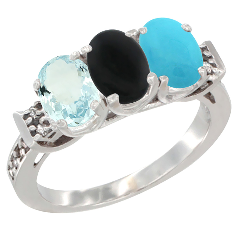 14K White Gold Natural Aquamarine, Black Onyx & Turquoise Ring 3-Stone Oval 7x5 mm Diamond Accent, sizes 5 - 10