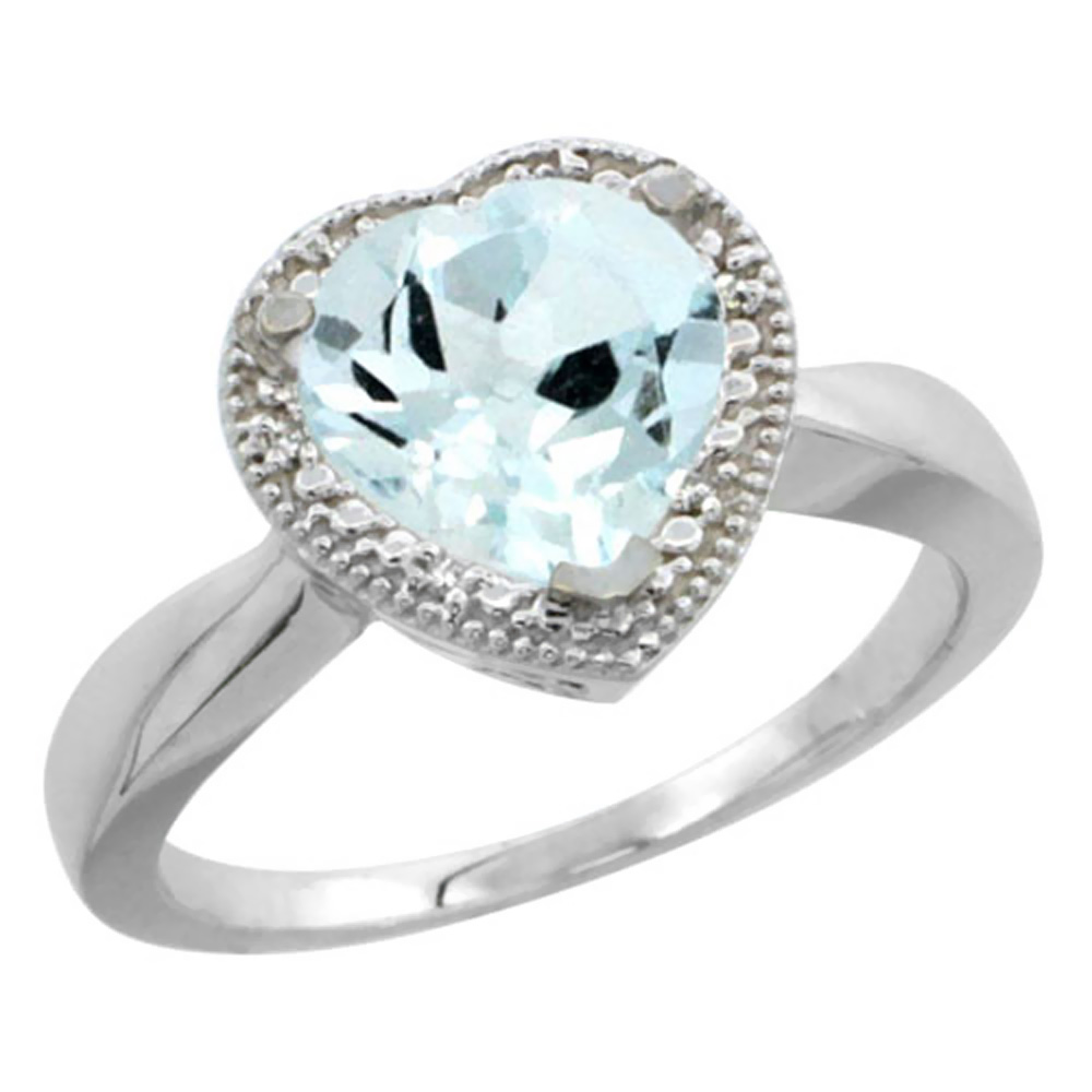 10K White Gold Natural Aquamarine Ring Heart 8x8mm Diamond Accent, sizes 5-10