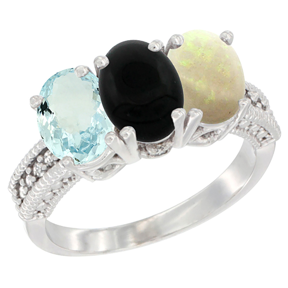 10K White Gold Natural Aquamarine, Black Onyx &amp; Opal Ring 3-Stone Oval 7x5 mm Diamond Accent, sizes 5 - 10