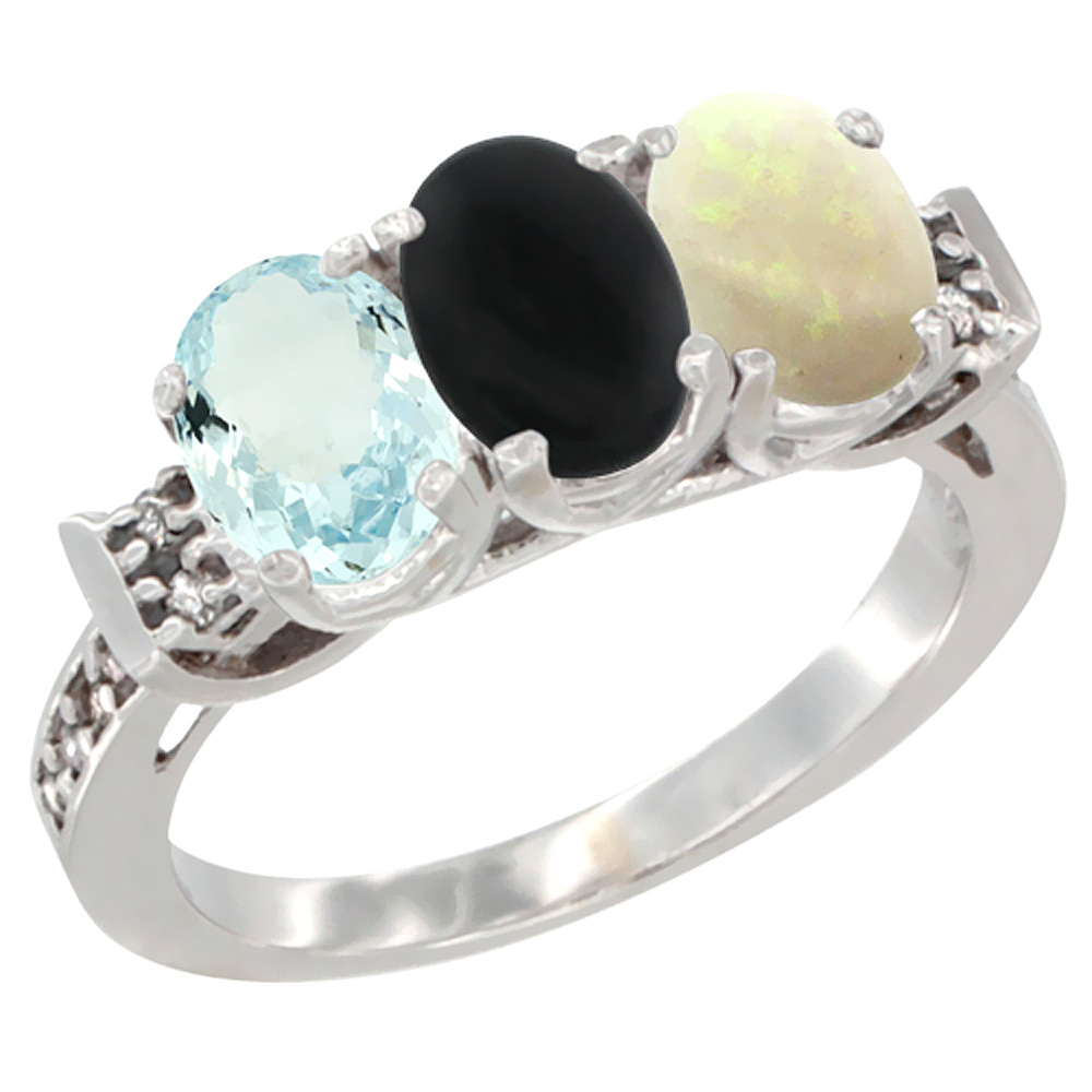 10K White Gold Natural Aquamarine, Black Onyx & Opal Ring 3-Stone Oval 7x5 mm Diamond Accent, sizes 5 - 10