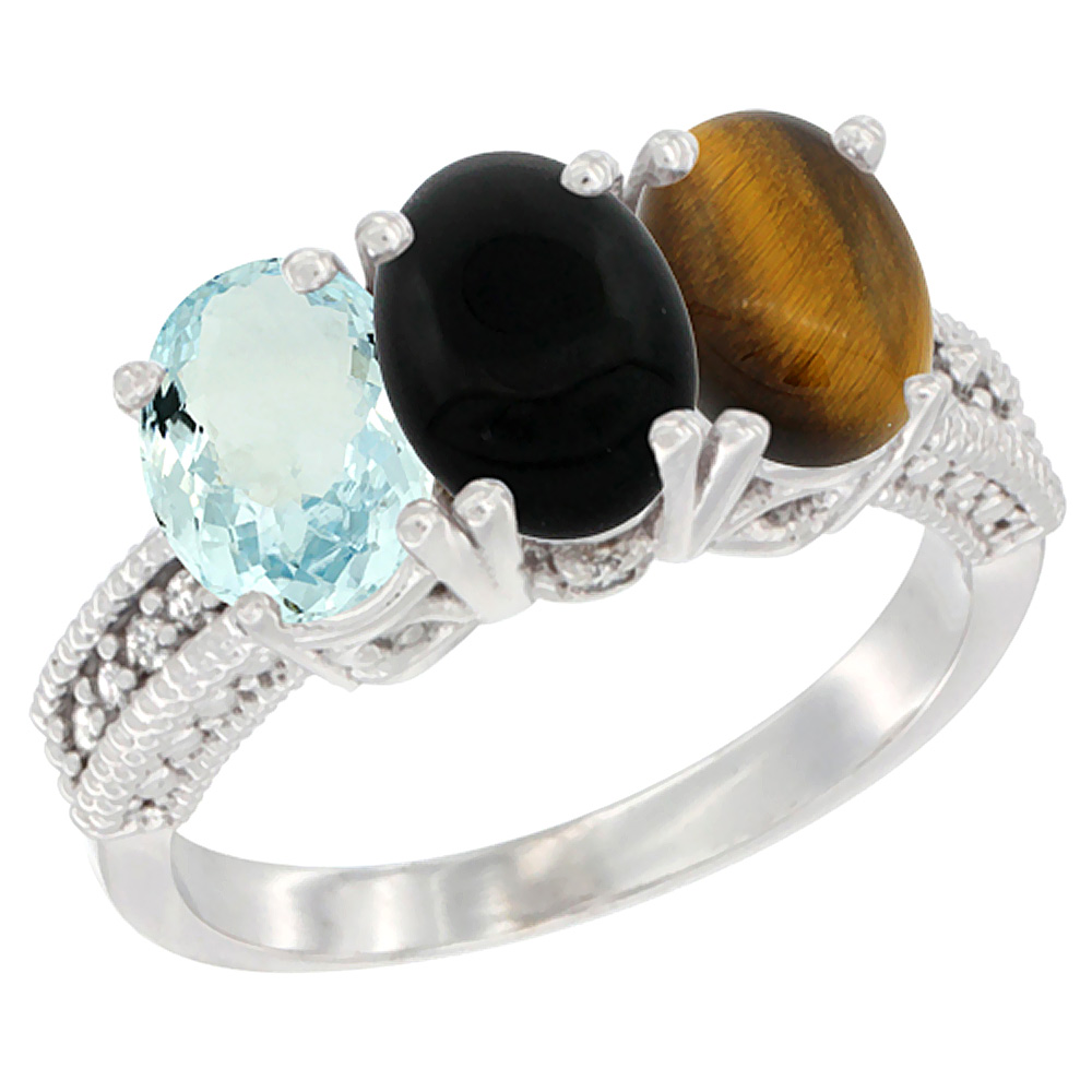 10K White Gold Natural Aquamarine, Black Onyx & Tiger Eye Ring 3-Stone Oval 7x5 mm Diamond Accent, sizes 5 - 10