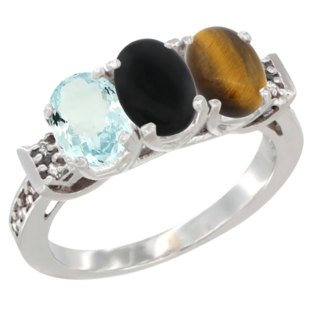 14K White Gold Natural Aquamarine, Black Onyx &amp; Tiger Eye Ring 3-Stone Oval 7x5 mm Diamond Accent, sizes 5 - 10