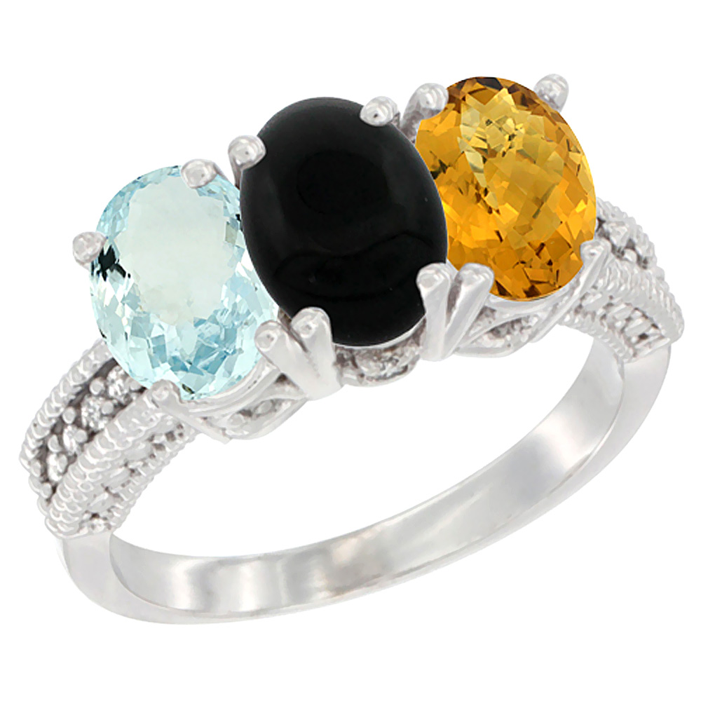 10K White Gold Natural Aquamarine, Black Onyx & Whisky Quartz Ring 3-Stone Oval 7x5 mm Diamond Accent, sizes 5 - 10