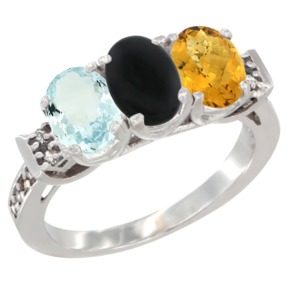 14K White Gold Natural Aquamarine, Black Onyx & Whisky Quartz Ring 3-Stone Oval 7x5 mm Diamond Accent, sizes 5 - 10