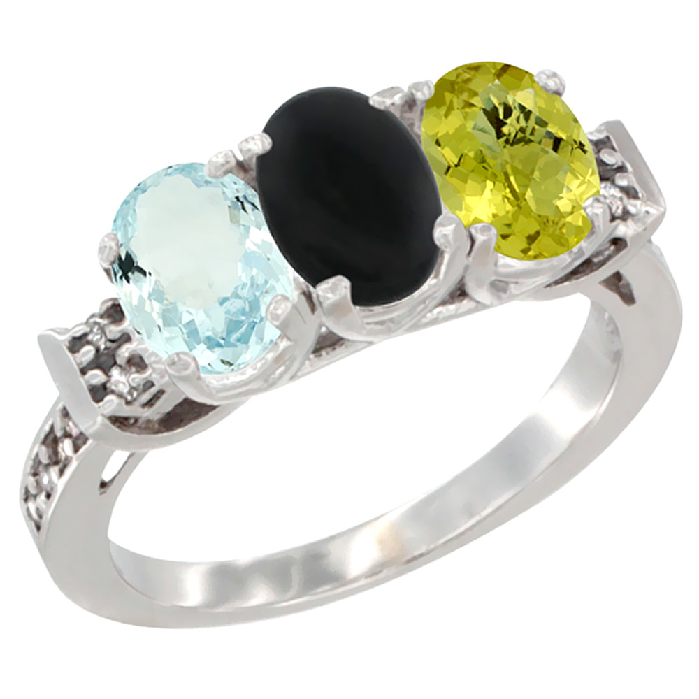 14K White Gold Natural Aquamarine, Black Onyx & Lemon Quartz Ring 3-Stone Oval 7x5 mm Diamond Accent, sizes 5 - 10