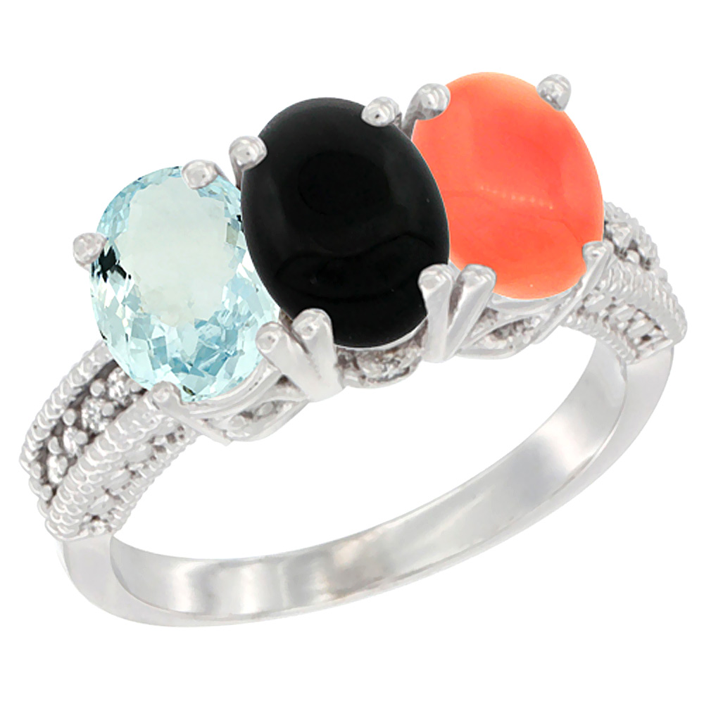 14K White Gold Natural Aquamarine, Black Onyx & Coral Ring 3-Stone Oval 7x5 mm Diamond Accent, sizes 5 - 10