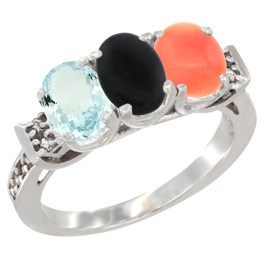 10K White Gold Natural Aquamarine, Black Onyx & Coral Ring 3-Stone Oval 7x5 mm Diamond Accent, sizes 5 - 10