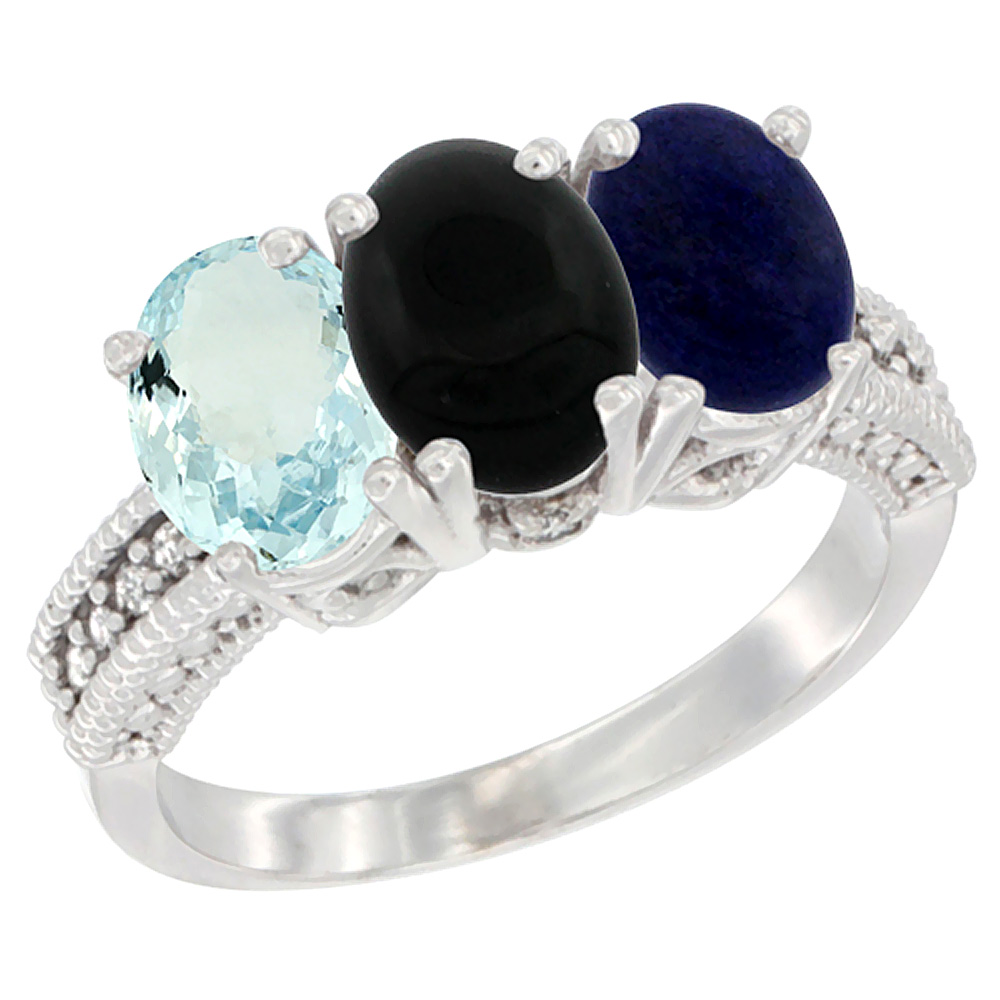 10K White Gold Natural Aquamarine, Black Onyx & Lapis Ring 3-Stone Oval 7x5 mm Diamond Accent, sizes 5 - 10