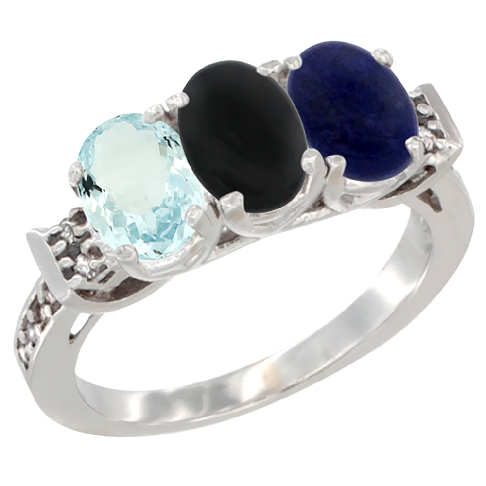 14K White Gold Natural Aquamarine, Black Onyx & Lapis Ring 3-Stone Oval 7x5 mm Diamond Accent, sizes 5 - 10