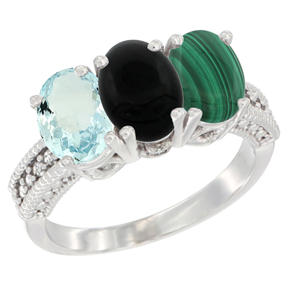 14K White Gold Natural Aquamarine, Black Onyx &amp; Malachite Ring 3-Stone Oval 7x5 mm Diamond Accent, sizes 5 - 10